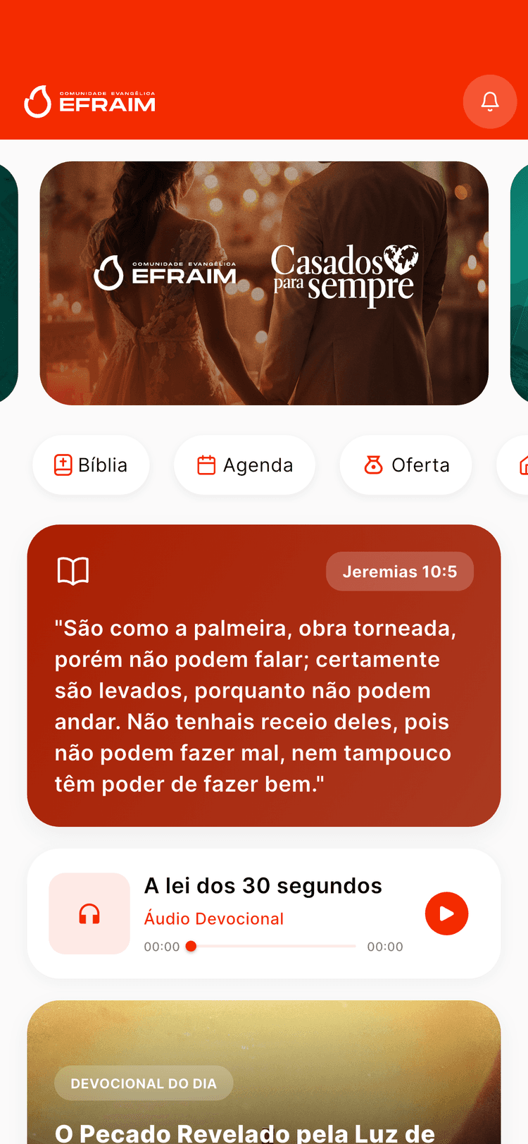 Tela inicial do aplicativo da igreja mostrando banner, versículo do dia e menu